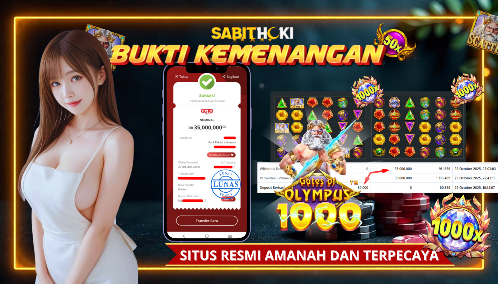 SELAMAT KEPADA MEMBER SETIA SABITHOKI YANG BERHASIL JACKPOT DI PERMAINAN OLIMPUS x1000
